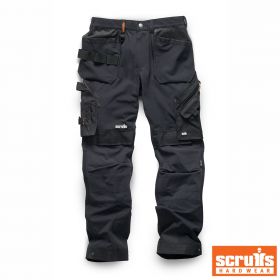 SCRUFFS Elastyczne spodnie robocze Pro Flex Plus czarne z kieszeniami kaburowymi